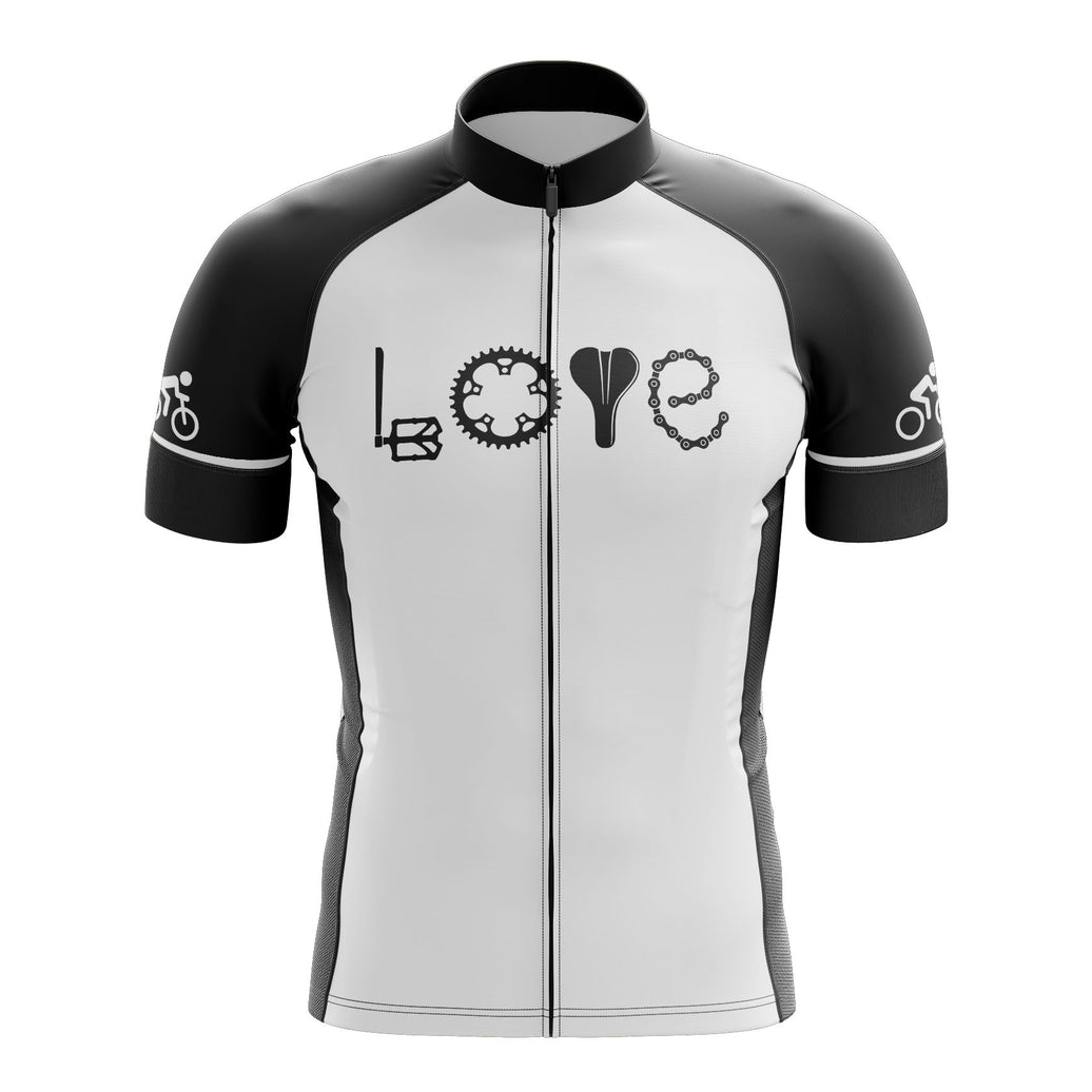 Love Cycling By Bike Part Cycling Jersey, LOVE Spelled Out In Bike Pedal Wheel Seat And Chain Cycling Kit