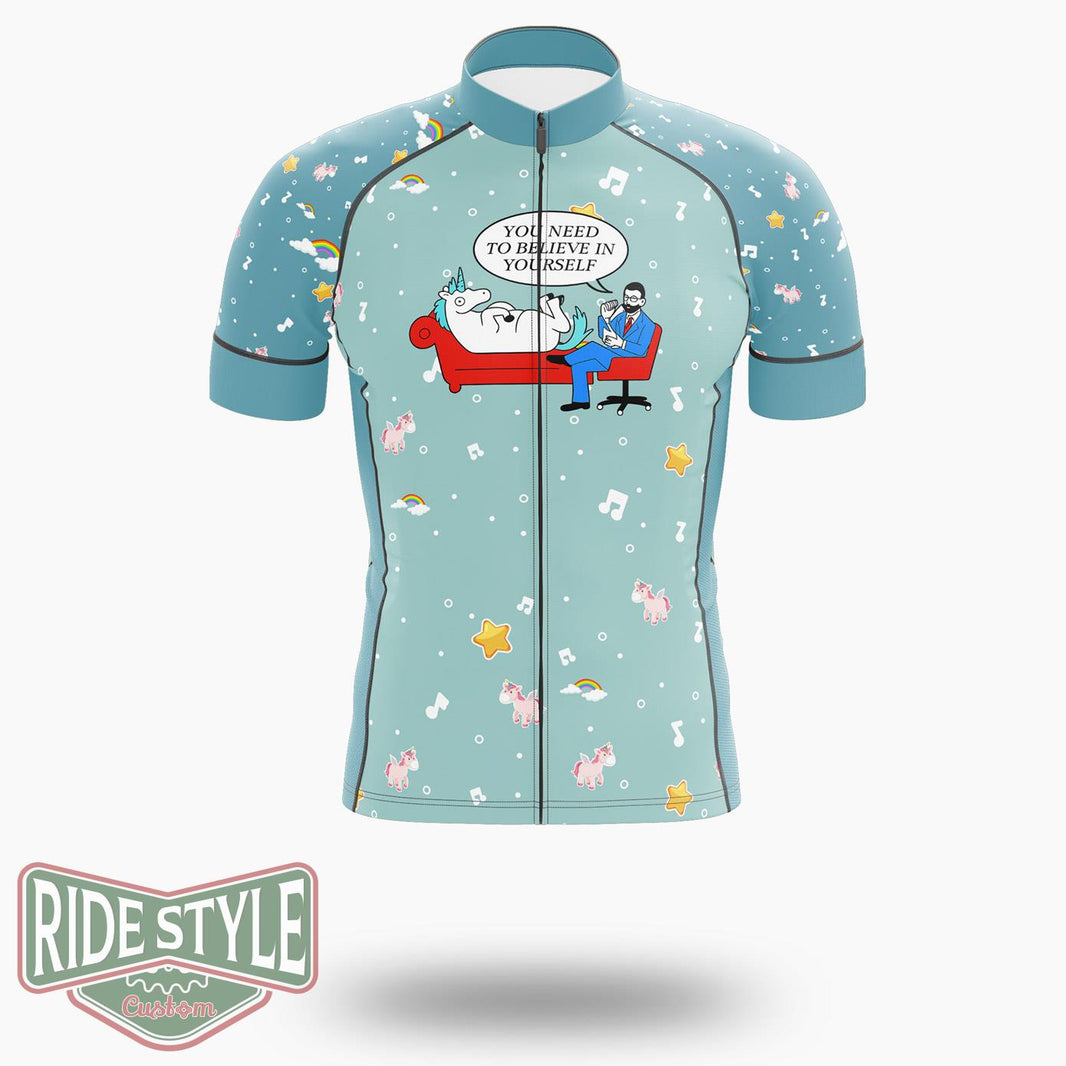 Believe In Yourself Funny Unicorn Cycling Jersey Kit, Bicycle Clothing - Short Sleeve Cycling Jersey-White