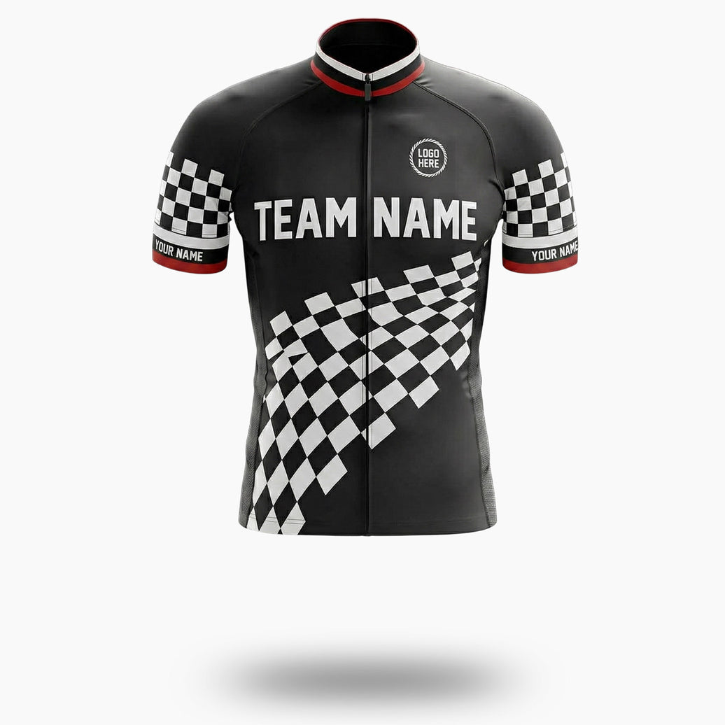 Black Men's Cycling Jersey, Custom Team Name, Personalized Name, Logo Team, Checkered Bike Jersey - Short Sleeve Cycling Jersey-White