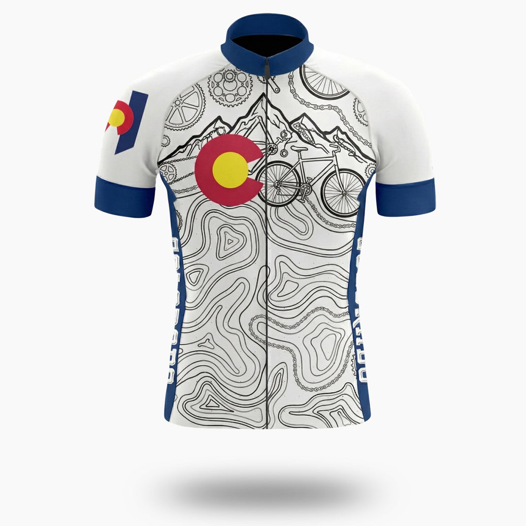 Colorado Bike Men's Jersey, Bicycle Parts Pattern Cycling Jersey - Short Sleeve Cycling Jersey-White