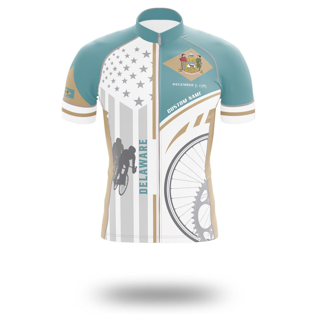 Custom Delaware State Flag Cycling Kit, Cycling Personalized Name Jersey - Short Sleeve Cycling Jersey-White