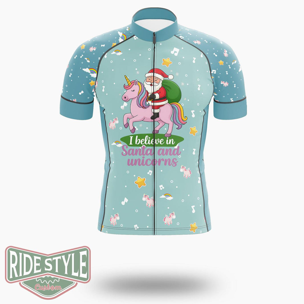 I Believe In Santa And Unicorns Cycling Jersey Kit, Bicycle Clothing - Short Sleeve Cycling Jersey-White