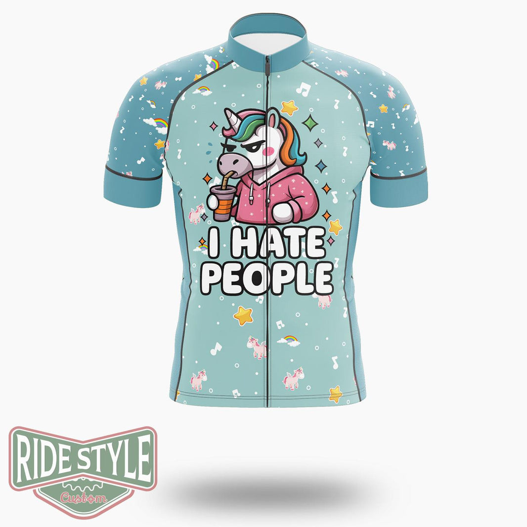I Hate People Unicorn Sarcastic Cycling Jersey Kit, Bicycle Clothing - Short Sleeve Cycling Jersey-White