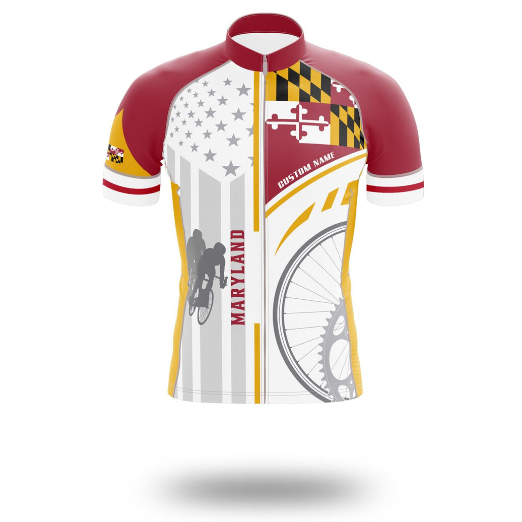 Maryland Cycling Jersey Personalized Name, Maryland Flag Cycling Set - Short Sleeve Cycling Jersey-White
