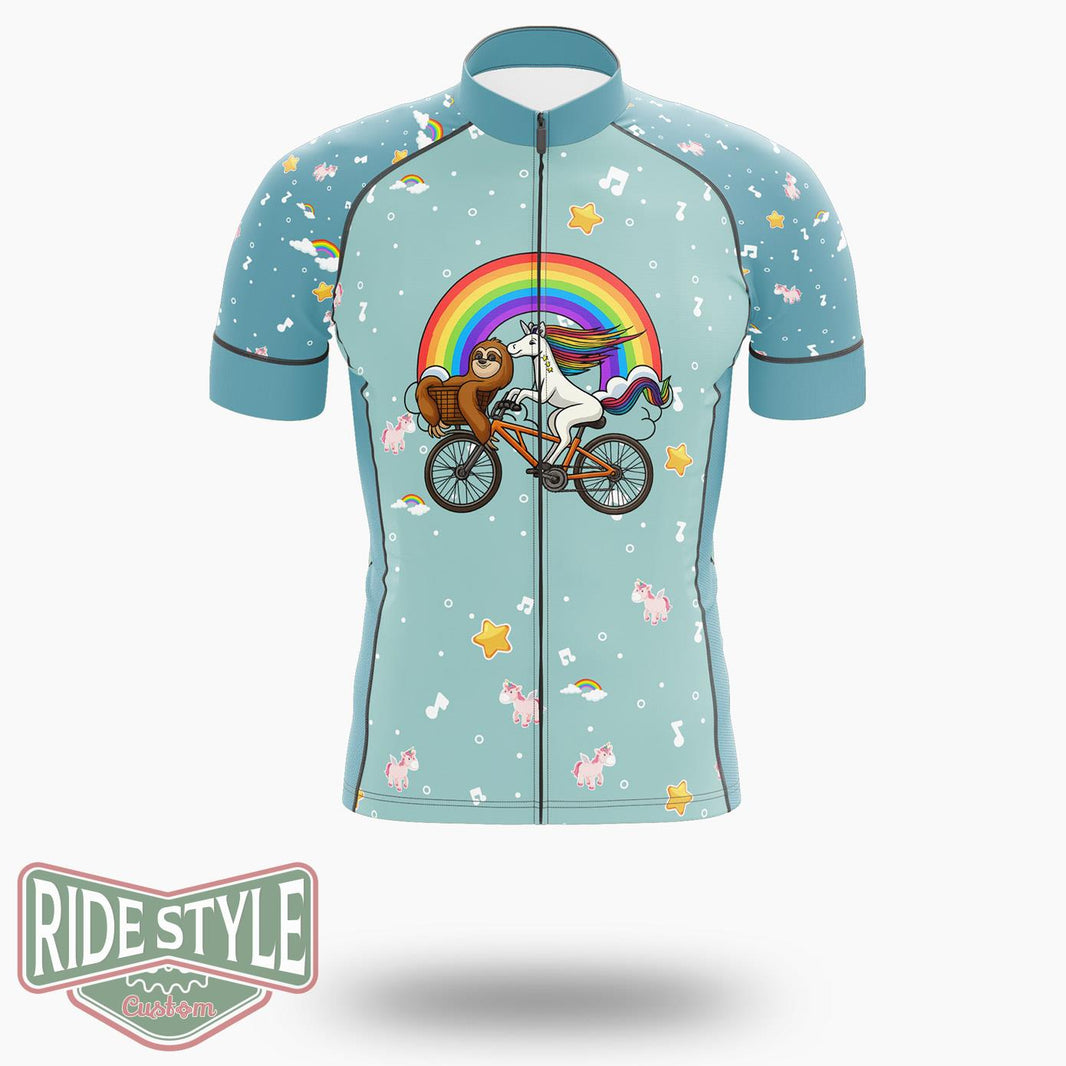 Sloth Unicorn Riding Bicycle Cycling Jersey Kit, Bicycle Clothing - Short Sleeve Cycling Jersey-White