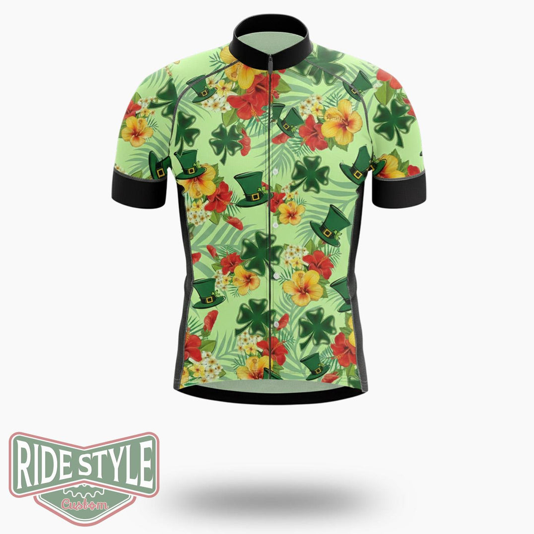 Tropical Hibiscus St Patrick's Day, Irish Shamrock Cycling Jersey Outfit - Short Sleeve Cycling Jersey-White
