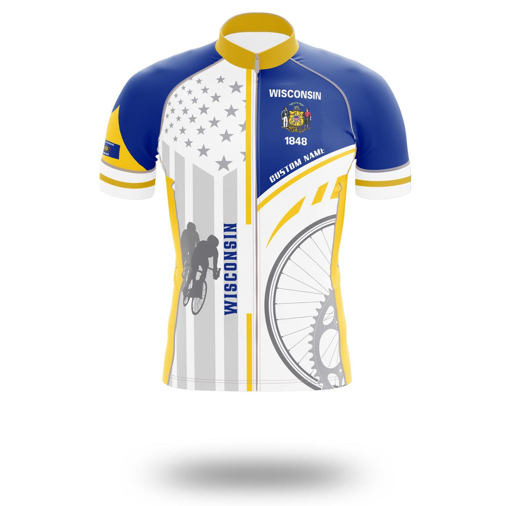 Wisconsin Flag Cycling Kit, Cycling Custom Your Name Jersey and Bib Short - Short Sleeve Cycling Jersey-White
