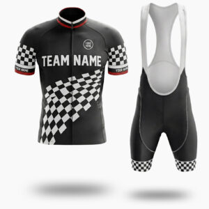 Black Men's Cycling Jersey, Custom Team Name, Personalized Name, Logo Team, Checkered Bike Jersey - Short Sleeve Cycling Jersey Kit-White