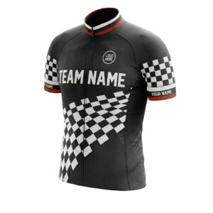 Black Men's Cycling Jersey, Custom Team Name, Personalized Name, Logo Team, Checkered Bike Jersey - Short Sleeve Cycling Jersey-White