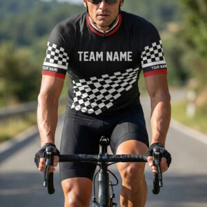 Black Men's Cycling Jersey, Custom Team Name, Personalized Name, Logo Team, Checkered Bike Jersey - Short Sleeve Cycling Jersey-White