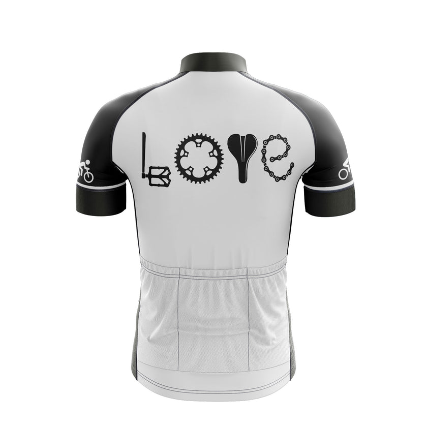 Love Cycling By Bike Part Cycling Jersey, LOVE Spelled Out In Bike Pedal Wheel Seat And Chain Cycling Kit