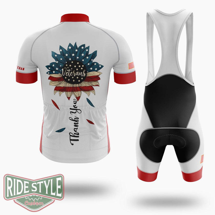 American Flag Sunflower Shirt, Veterans Sunflower Shirt, Thank You Veterans Shirt - Short Sleeve Cycling Jersey Kit-White