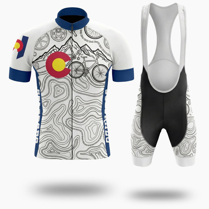 Colorado Bike Men's Jersey, Bicycle Parts Pattern Cycling Jersey - Short Sleeve Cycling Jersey Kit-White