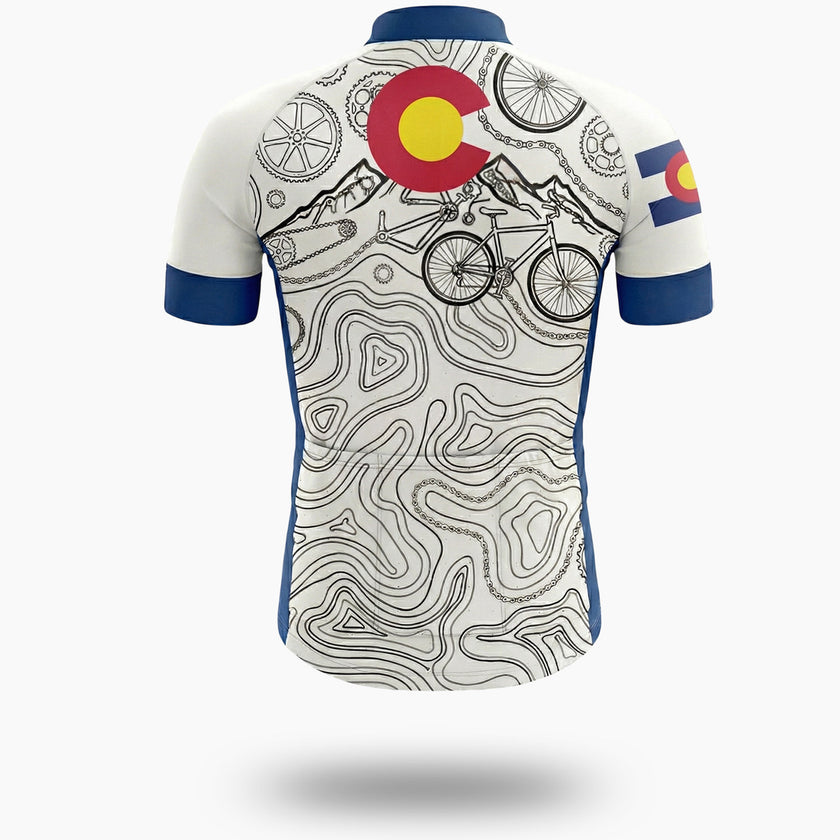 Colorado Bike Men's Jersey, Bicycle Parts Pattern Cycling Jersey - Short Sleeve Cycling Jersey-White