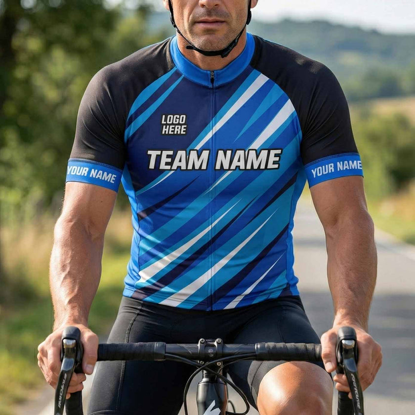 Custom Team Name, Personalized Name, Custom Team Logo Men's Blue Cycling Jersey - Short Sleeve Cycling Jersey-White