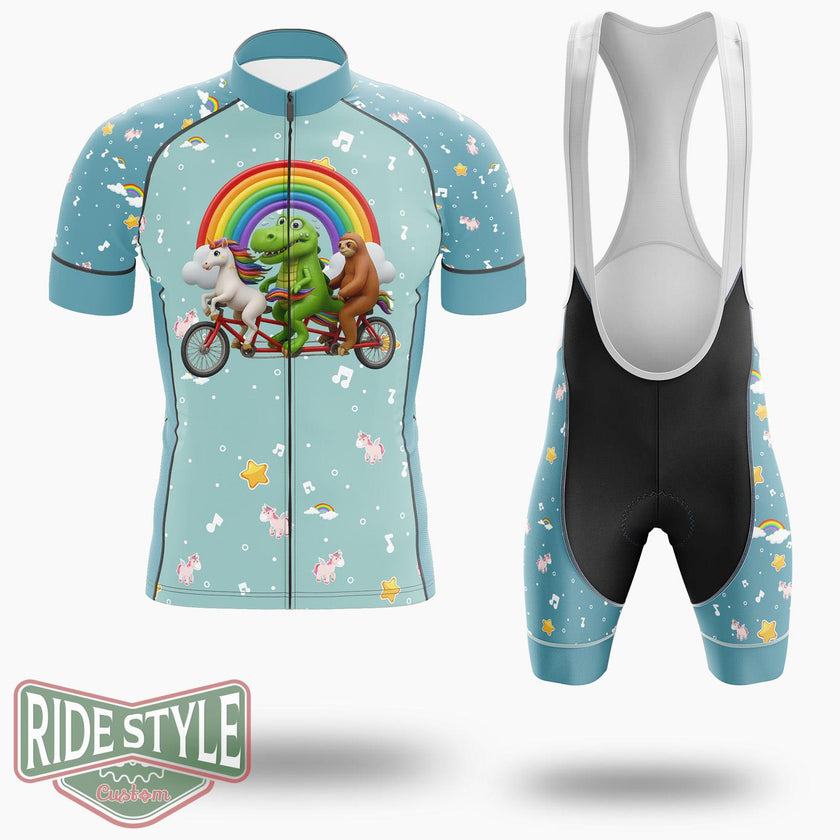 Dinosaur Sloth Unicorn Riding Bicycle Cycling Jersey Kit, Bicycle Clothing - Short Sleeve Cycling Jersey Kit-White