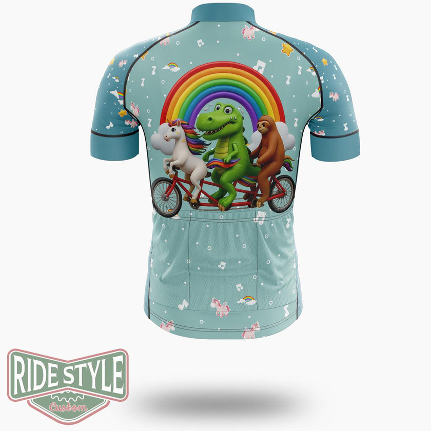 Dinosaur Sloth Unicorn Riding Bicycle Cycling Jersey Kit, Bicycle Clothing - Short Sleeve Cycling Jersey-White