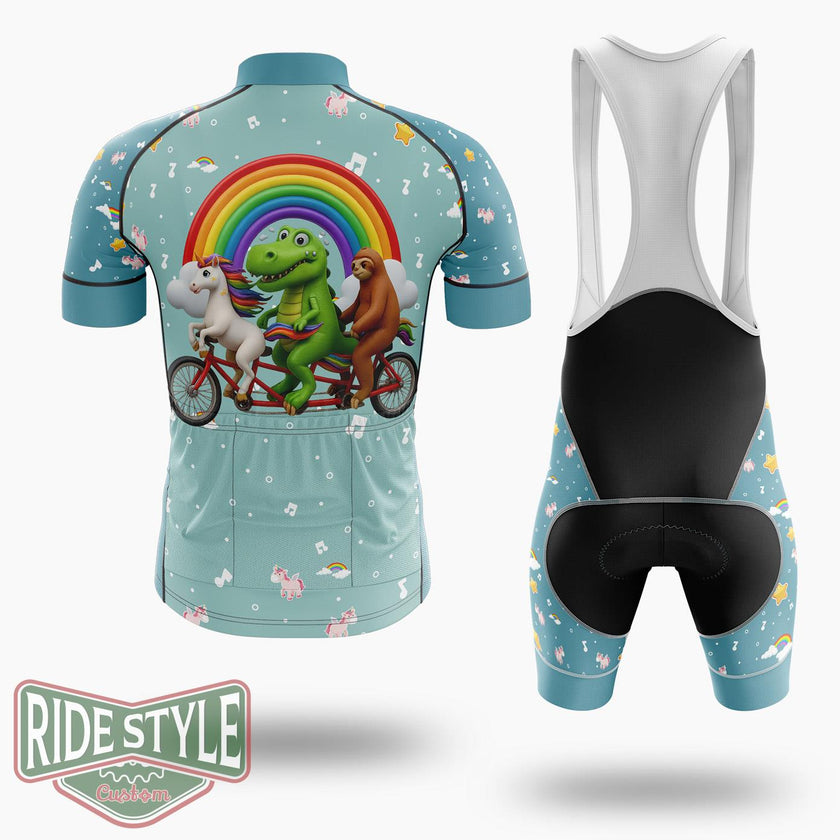 Dinosaur Sloth Unicorn Riding Bicycle Cycling Jersey Kit, Bicycle Clothing - Short Sleeve Cycling Jersey Kit-White