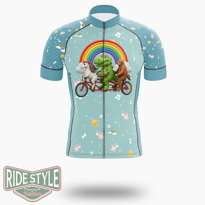 Dinosaur Sloth Unicorn Riding Bicycle Cycling Jersey Kit, Bicycle Clothing - Short Sleeve Cycling Jersey-White