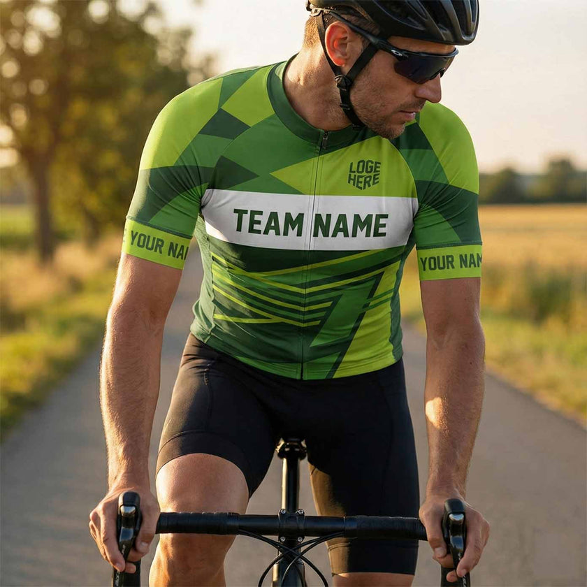 Green Men's Cycling Jersey Custom Name, Custom Team Name, Custom Logo Team Bike Jersey - Short Sleeve Cycling Jersey-White