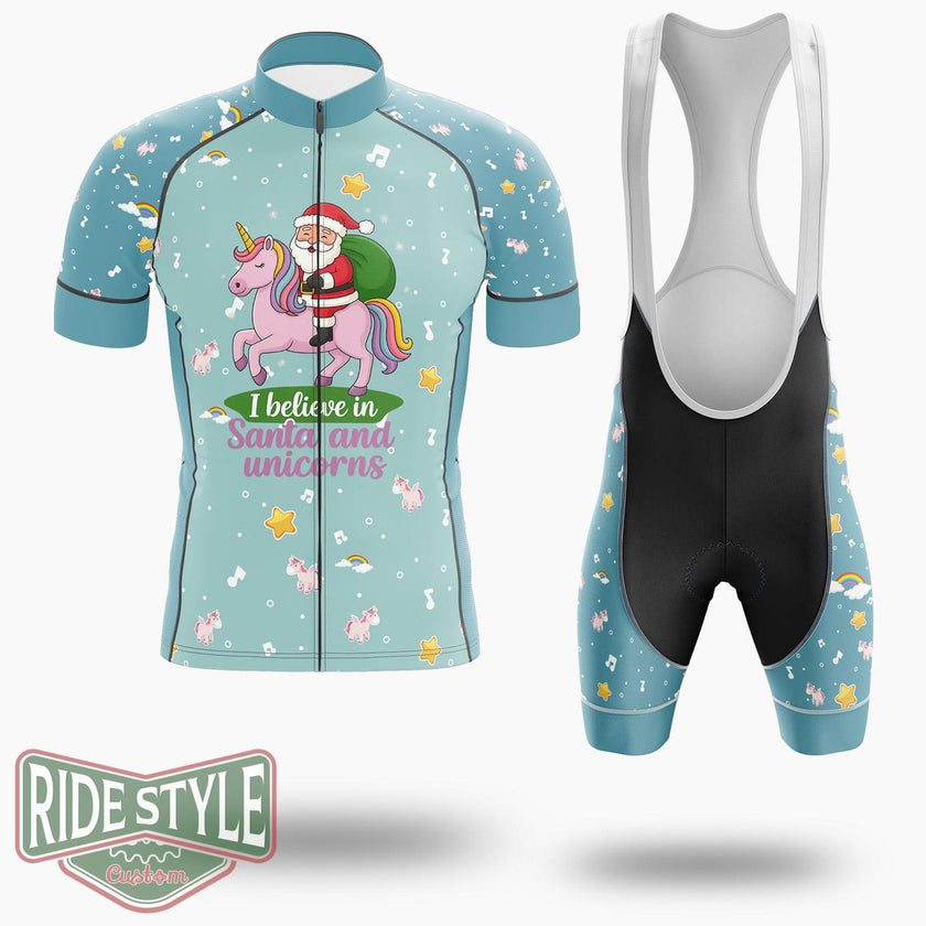 I Believe In Santa And Unicorns Cycling Jersey Kit, Bicycle Clothing - Short Sleeve Cycling Jersey Kit-White