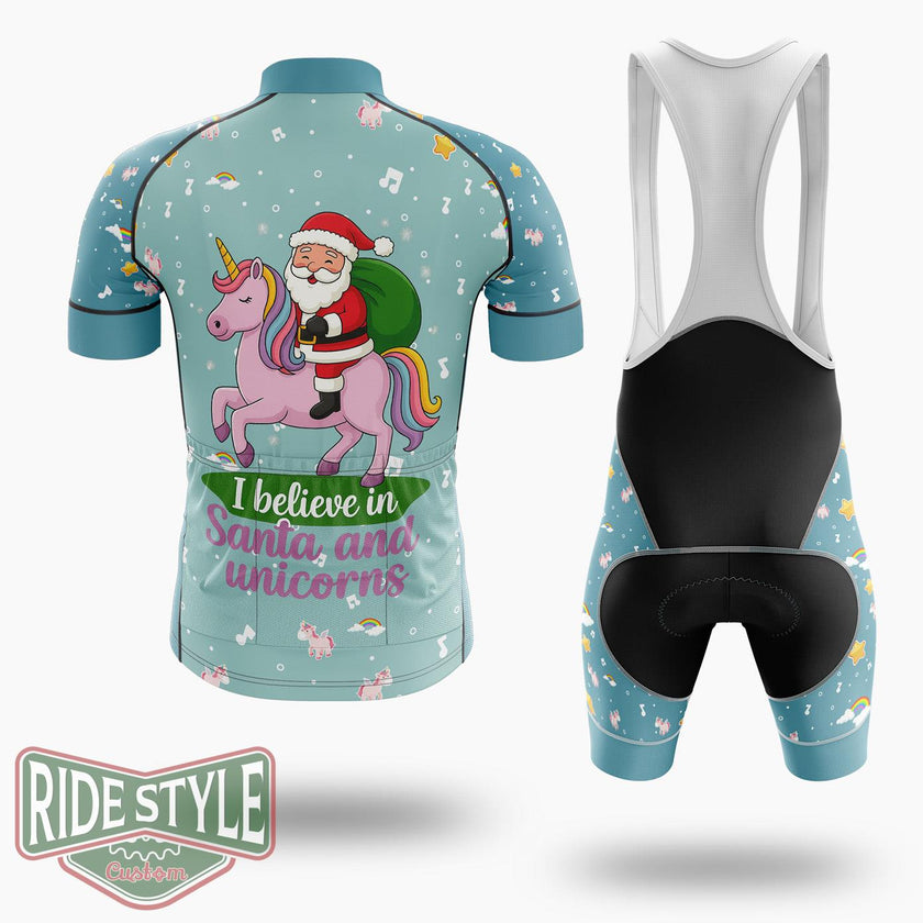 I Believe In Santa And Unicorns Cycling Jersey Kit, Bicycle Clothing - Short Sleeve Cycling Jersey Kit-White