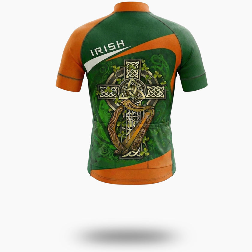 Irish Holiday, Irish Harp, Irish Cross Green Cycling Short Sleeve Jersey Set - Short Sleeve Cycling Jersey-White