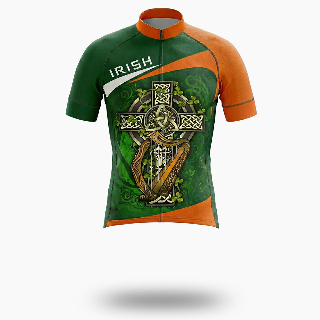 Irish Holiday, Irish Harp, Irish Cross Green Cycling Short Sleeve Jersey Set - Short Sleeve Cycling Jersey-White