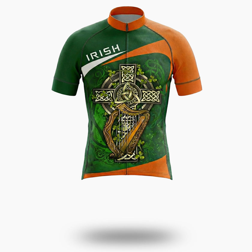 Irish Holiday, Irish Harp, Irish Cross Green Cycling Short Sleeve Jersey Set - Short Sleeve Cycling Jersey-White