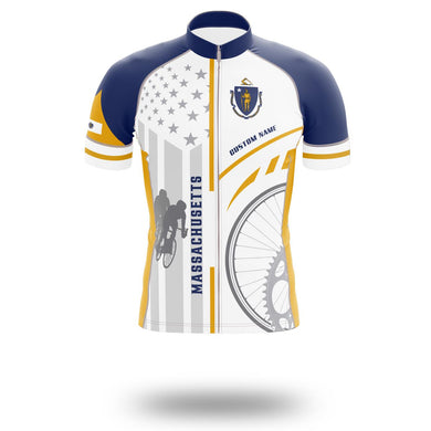 Massachusetts Cycling Jersey, Custom Name Massachusetts State Flag Cycling Set - Short Sleeve Cycling Jersey-White