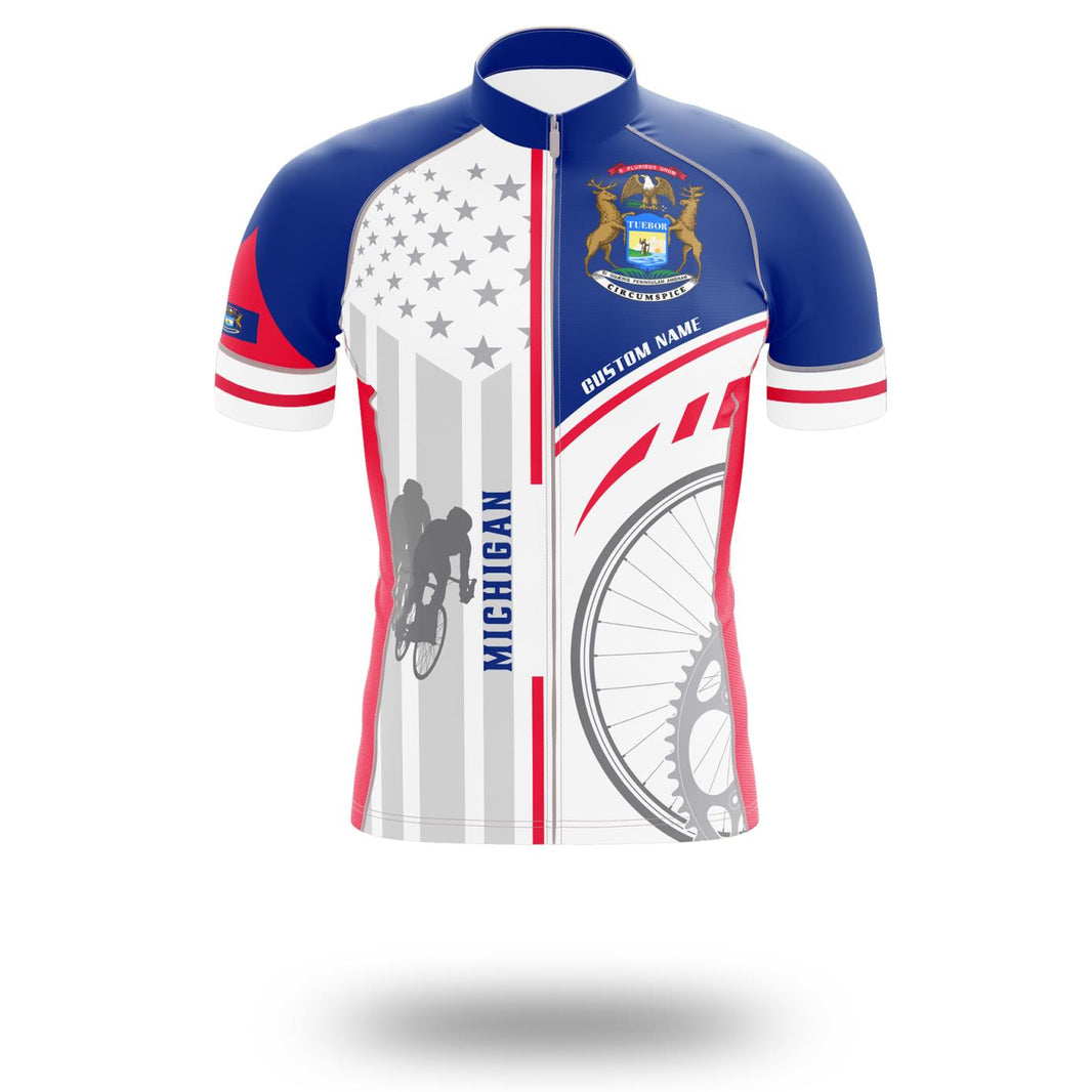 Michigan State Custom Name Cycling Jersey, Michigan Flag Cycling Set - Short Sleeve Cycling Jersey-White