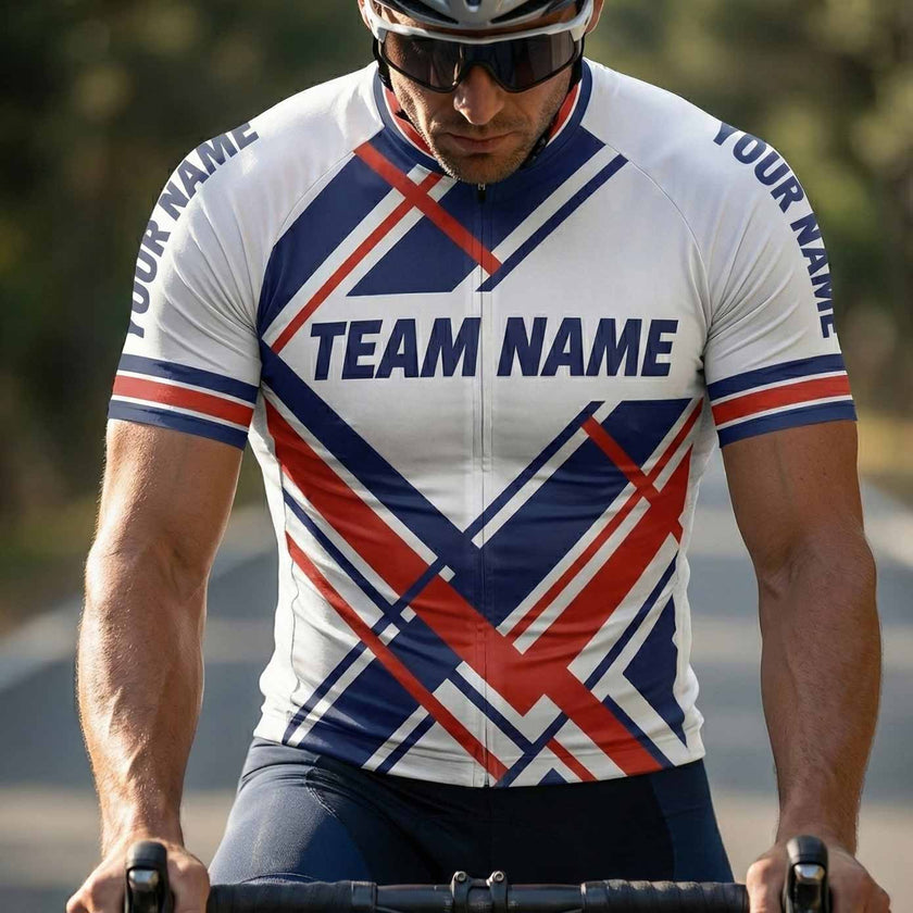 Navy and Red Line Men's Cycling Jersey Custom Team Name, Custom Your Name Cycling Jersey - Short Sleeve Cycling Jersey-White