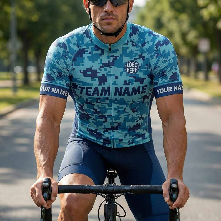 Navy Camo Cycling Jersey, Cycling Jersey For Your Team, Custom Name, Custom Your Logo Jersey - Short Sleeve Cycling Jersey-White