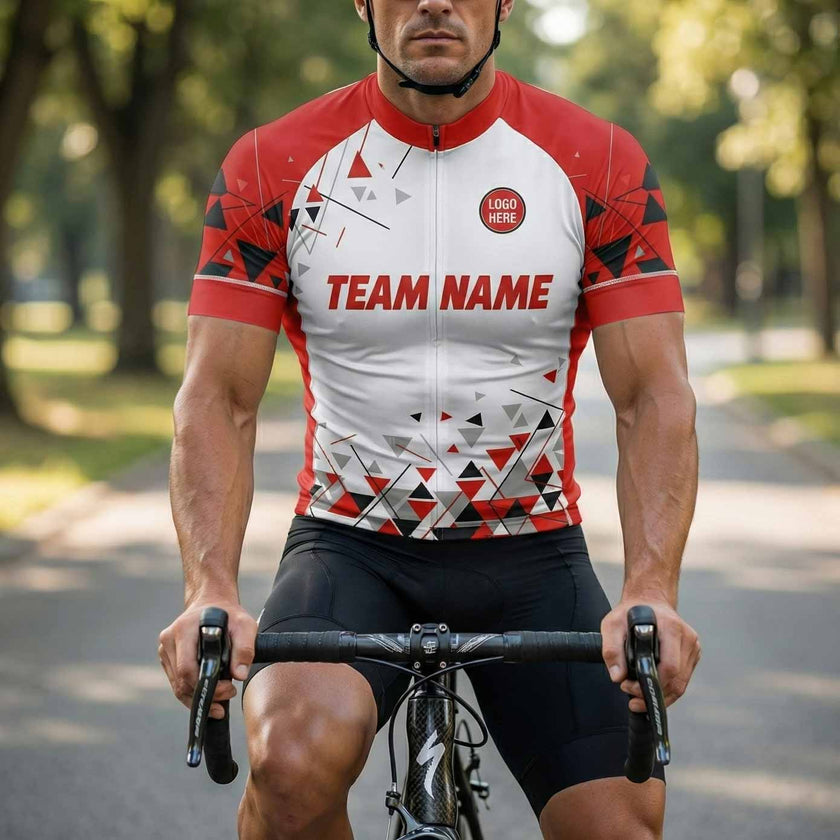 Personalized Name Red Cycling Jersey, Custom Team Name, Custom Logo Jersey - Short Sleeve Cycling Jersey-White