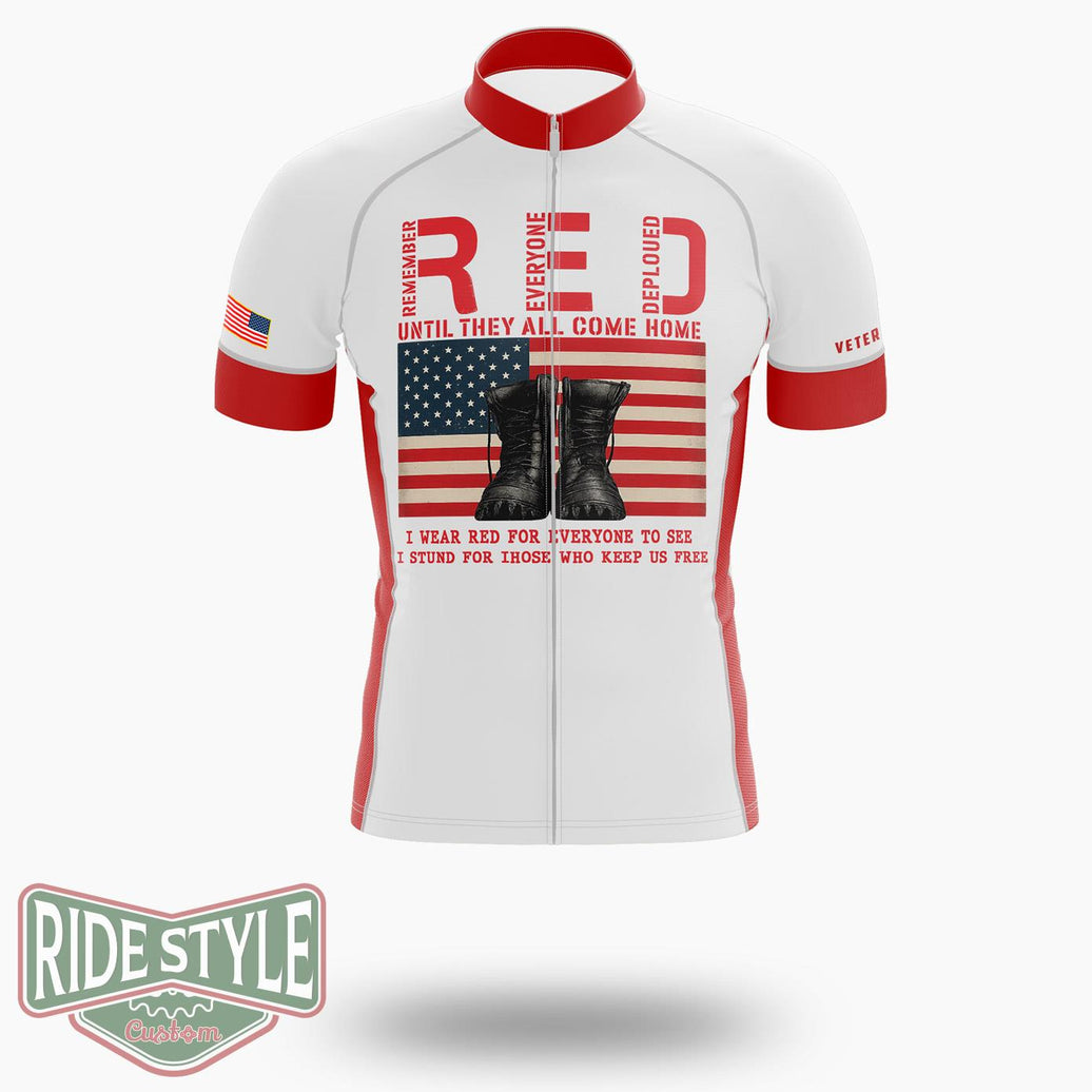Red Friday Veterans Jersey, Remember Everyone Deployed, Red Friday USA Military Flag Jersey Shirt - Short Sleeve Cycling Jersey-White