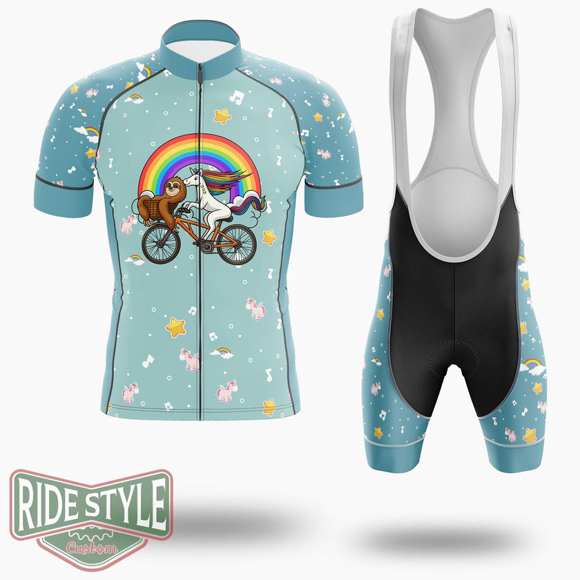 Sloth Unicorn Riding Bicycle Cycling Jersey Kit, Bicycle Clothing - Short Sleeve Cycling Jersey Kit-White