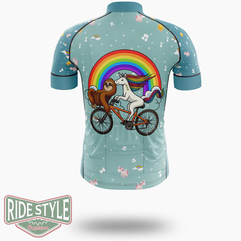Sloth Unicorn Riding Bicycle Cycling Jersey Kit, Bicycle Clothing - Short Sleeve Cycling Jersey-White