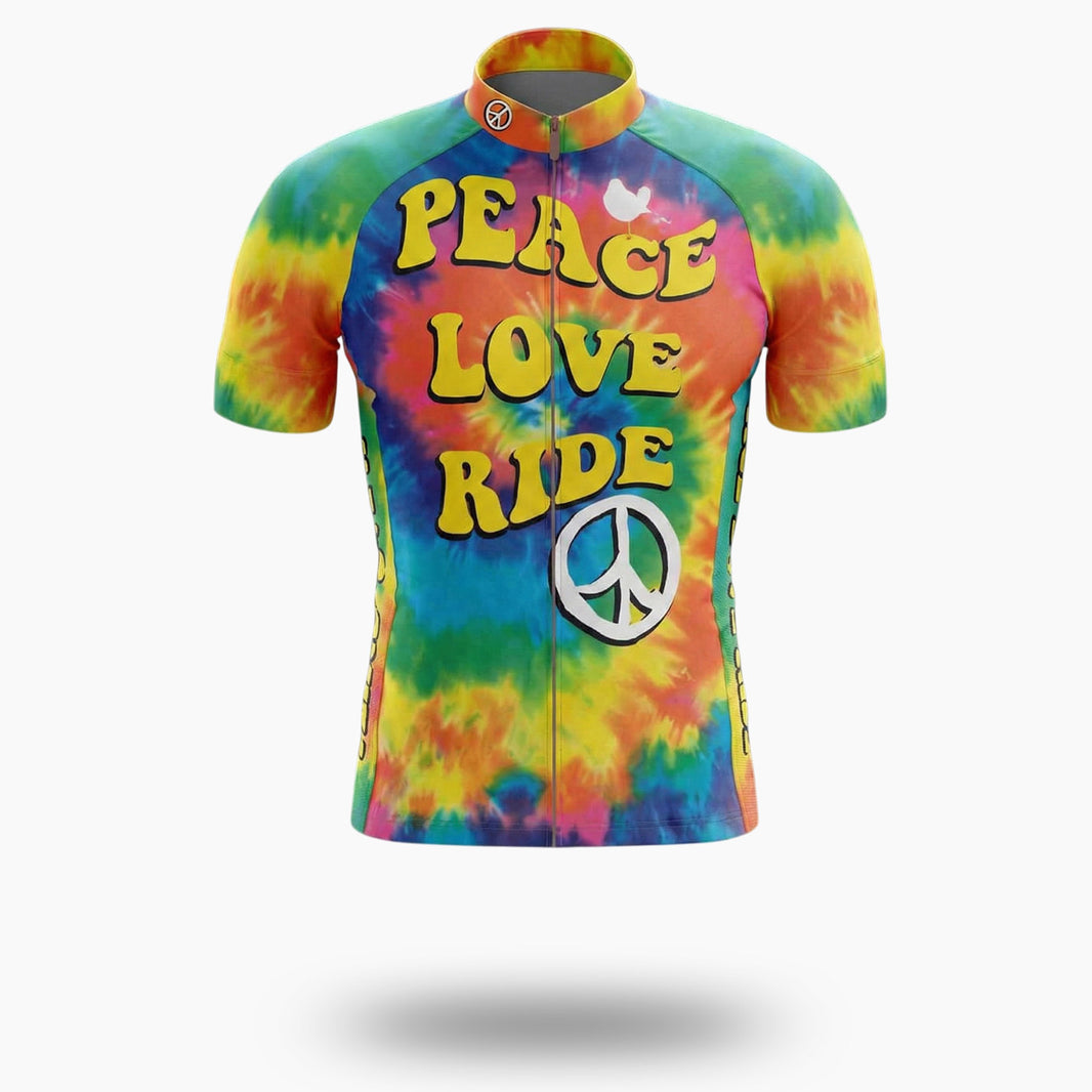 Tye Die Peace Love Ride Men's Colorful Cycling Jersey - Short Sleeve Cycling Jersey-White