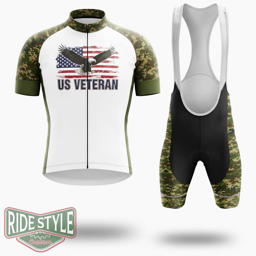 Us Veteran Flag Green Camo Cycling Jersey Kit - Short Sleeve Cycling Jersey Kit-White