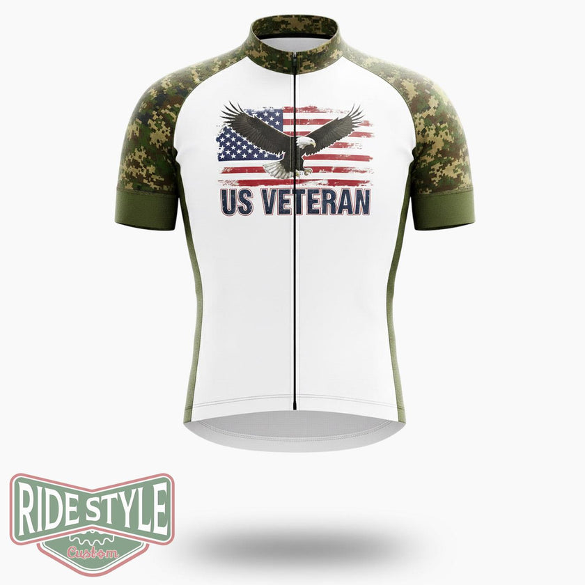 Us Veteran Flag Green Camo Cycling Jersey Kit - Short Sleeve Cycling Jersey-White