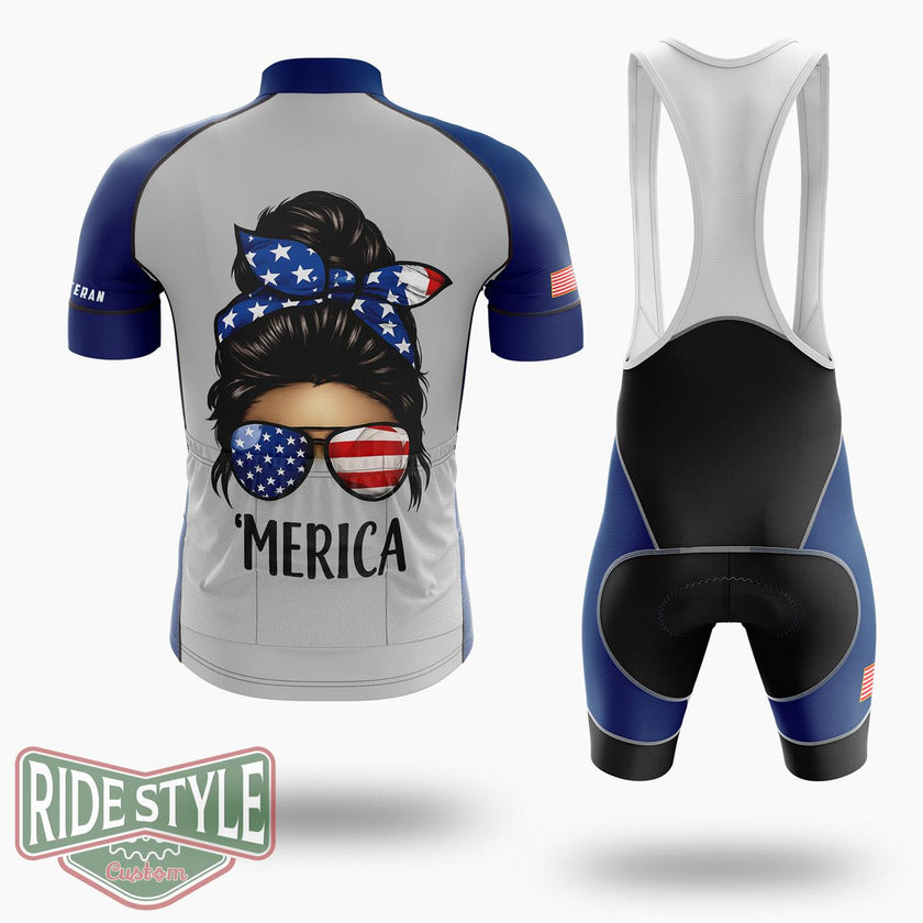 Usa Flag Messy Bun Patriotic Armed Forces Memorial Day Cycling Jersey Kit - Short Sleeve Cycling Jersey Kit-White