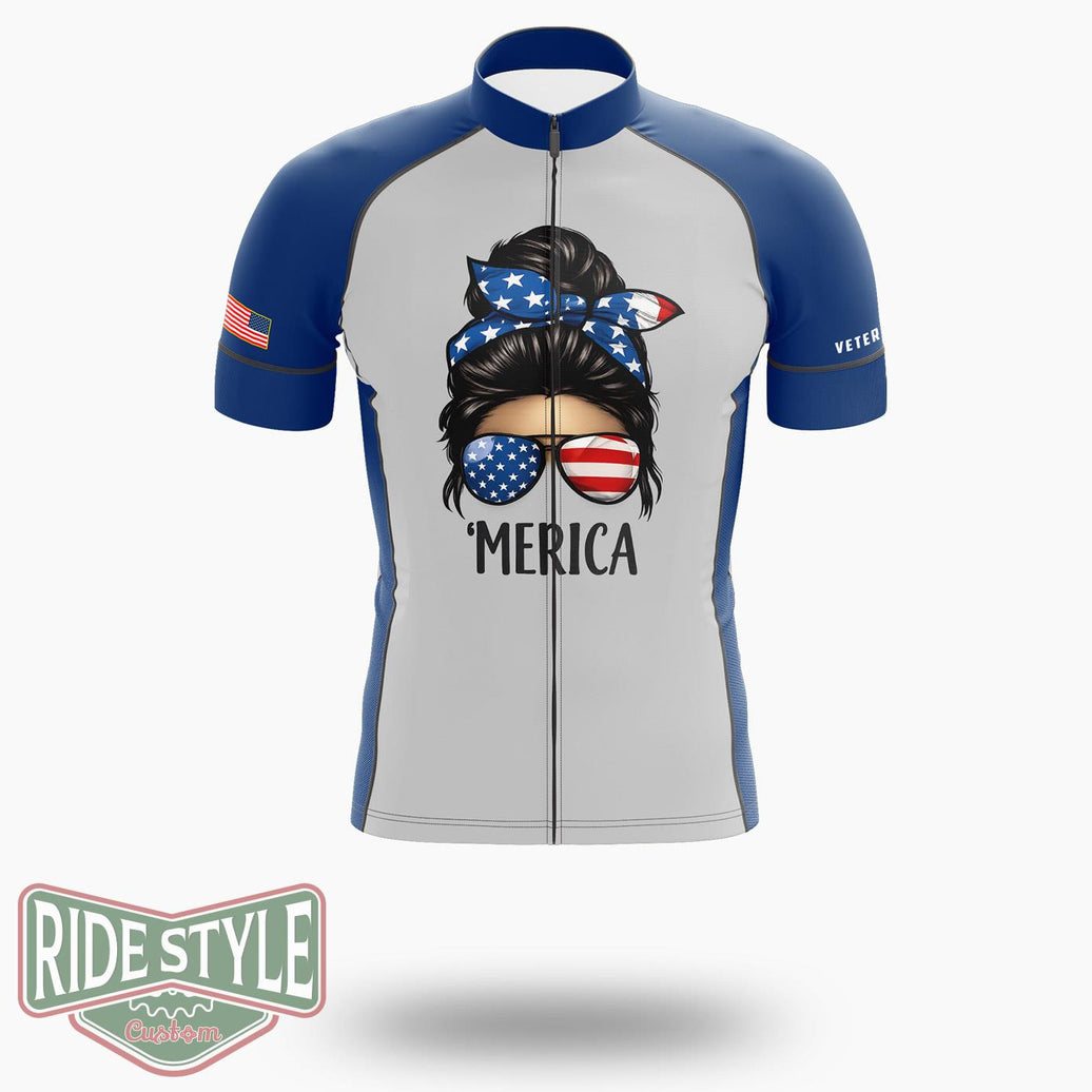 Usa Flag Messy Bun Patriotic Armed Forces Memorial Day Cycling Jersey Kit - Short Sleeve Cycling Jersey-White