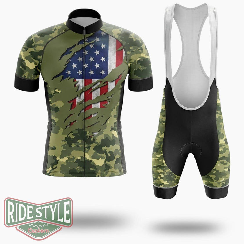 Veteran Us Military Pride American Flag Vintage Cycling Jersey Kit - Short Sleeve Cycling Jersey Kit-White