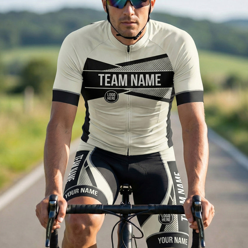 White and Black Pattern Cycling Jersey, Custom Name, Custom Team Name and Custom Logo Cycling Jersey - Short Sleeve Cycling Jersey-White