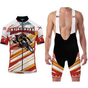 Alabama States Cycling Jersey, USA Flag Men Women Jersey Full Kit - Short Sleeve Cycling Jersey Kit-White