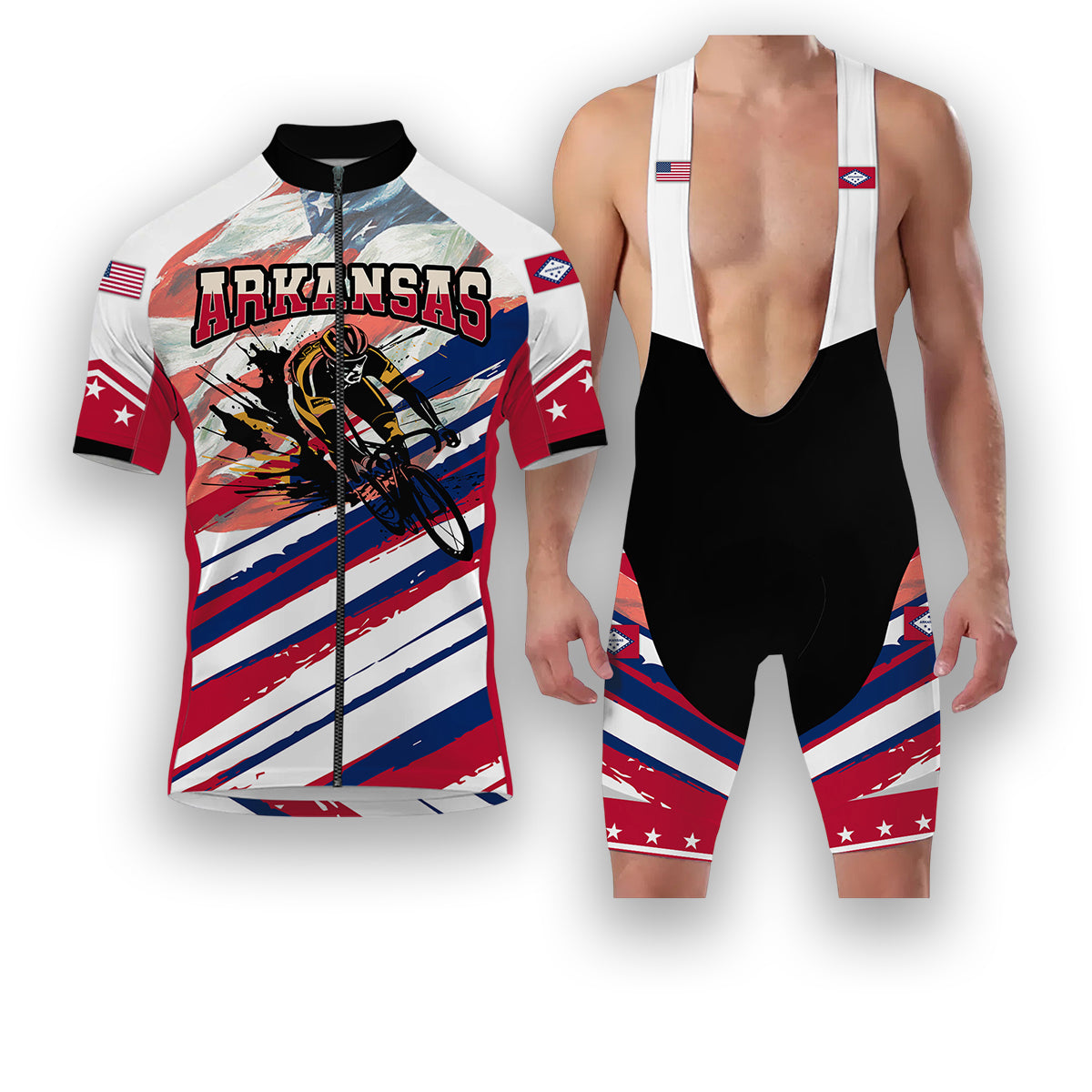 Arkansas States Cycling Jersey, USA Flag Men Women Jersey Full Kit - Short Sleeve Cycling Jersey Kit-White