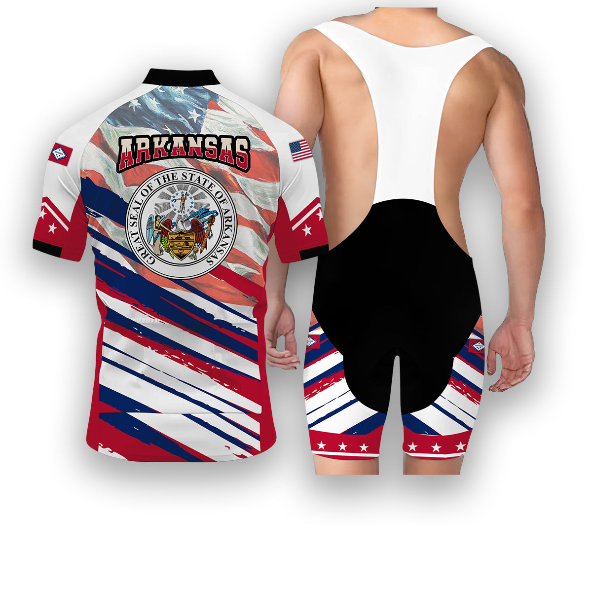 Arkansas States Cycling Jersey, USA Flag Men Women Jersey Full Kit - Short Sleeve Cycling Jersey Kit-White