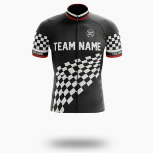 Black Men's Cycling Jersey, Custom Team Name, Personalized Name, Logo Team, Checkered Bike Jersey - Short Sleeve Cycling Jersey-White