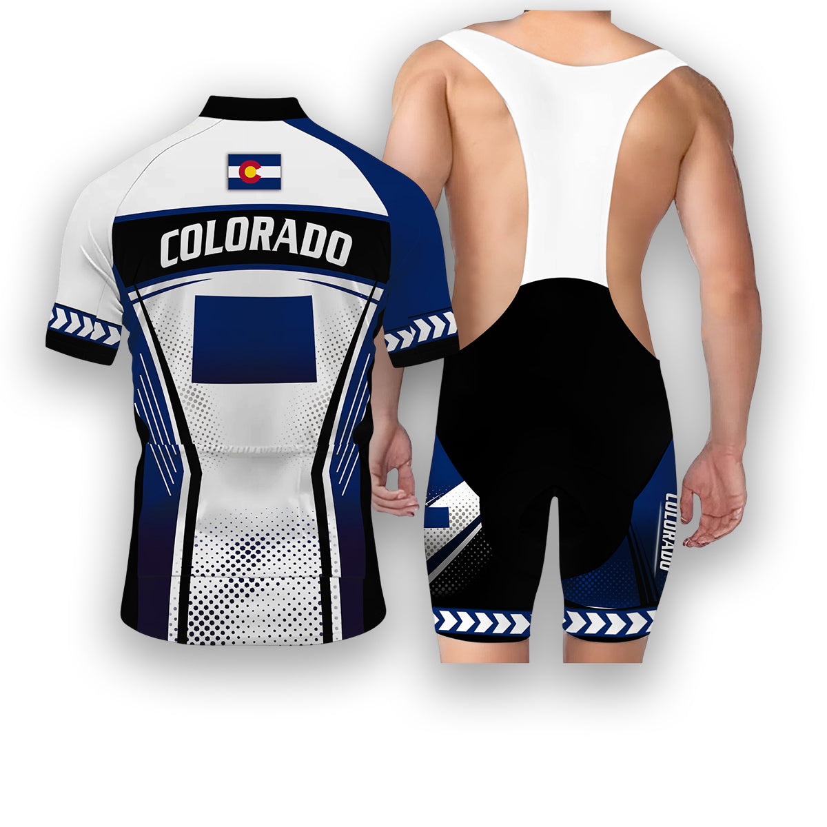 Colorado States Cycling Jersey, Maps Haftone Vintage Pattern Men Women Jersey Full Kit - Short Sleeve Cycling Jersey Kit-White
