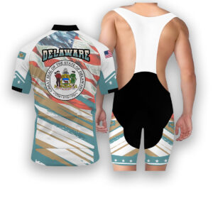 Delaware States Cycling Jersey, USA Flag Men Women Jersey Full Kit - Short Sleeve Cycling Jersey Kit-White